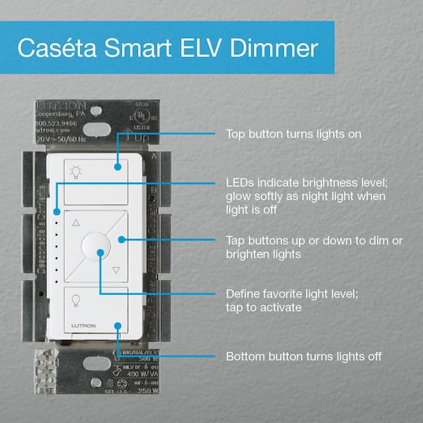 Lutron Caseta Smart Lighting Dimmer Switch for ELV Bulbs, 250-Watt LED Bulbs, Light Almond (PD-5NE-LA)