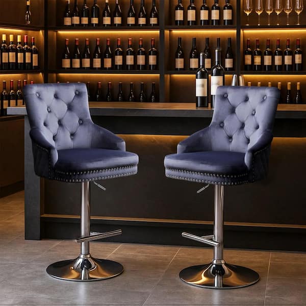 41 in. Grey Swivel Velvet Adjustable Bar Stool