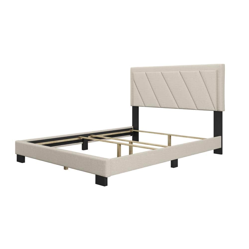 Diagonal Blue-Gray Linen Queen Platform Bed with Tufted Headboard