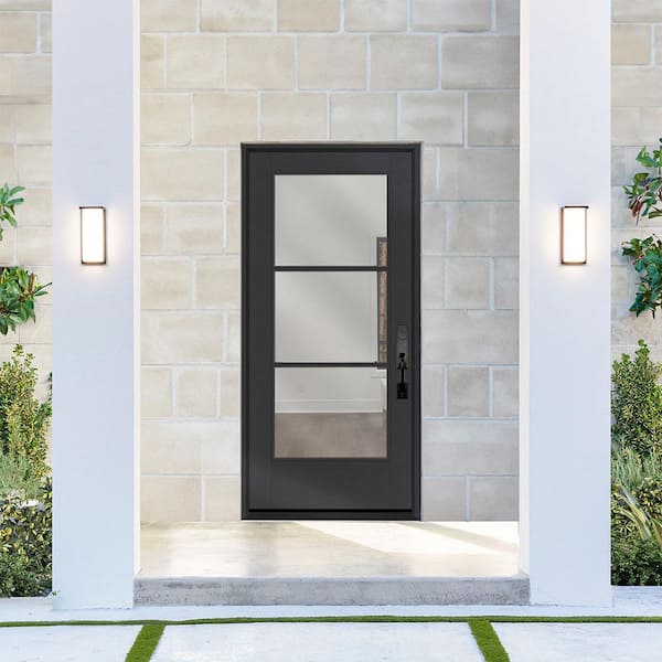 Legacy 32 in. x 80 in. Icon 3-Lite Modern Clear Glass LHIS Black Fiberglass Prehung Front Door