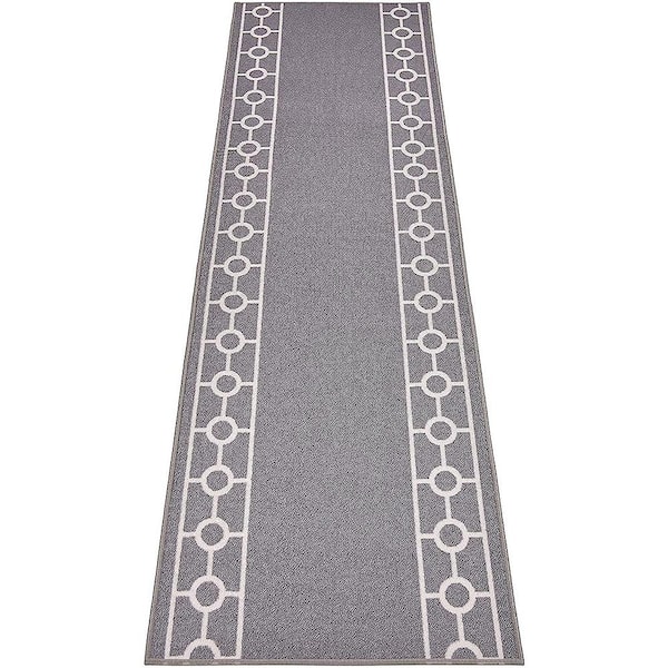 RugStylesOnline Chain Border Custom Size Gray 96 in. x 26 in. Indoor Stair Tread Cover Matching Runner Slip Resistant Backing (1-Piece)
