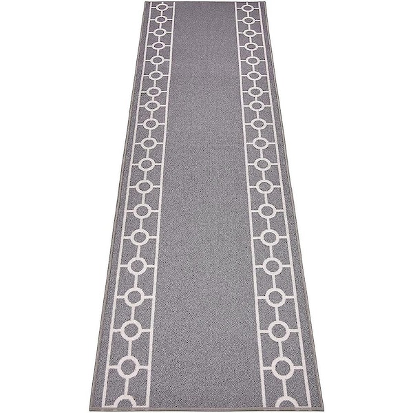 Unbranded Chain Border Custom Size Gray 24 in. x 32 in. Indoor Stair Tread Cover Landing Mat Slip Resistant Backing (1-Piece)