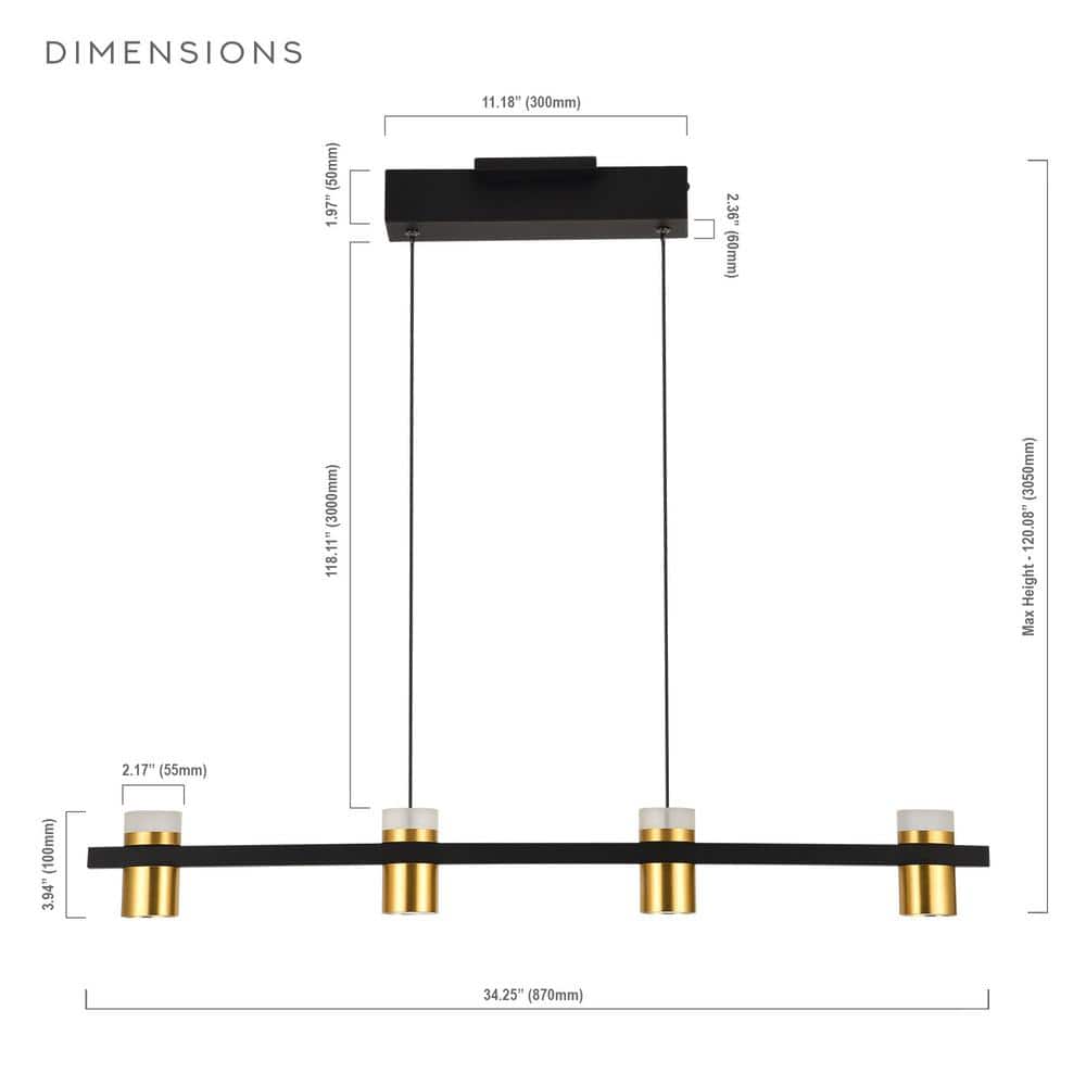 Ferro 34" Black Crystal LED Linear Chandelier with Gold Spotlights