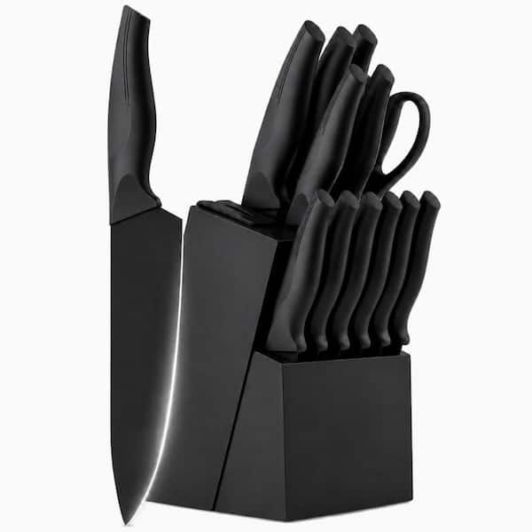 14-Piece German Stainless Steel Kitchen Knife Set with Built-In Sharpener and Hardwood Block, Black Set