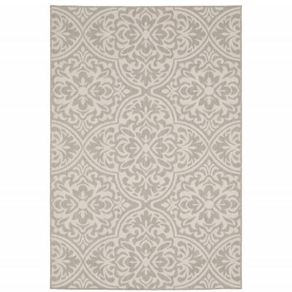 Gray, Ivory 7 ft. x 9 ft. Loomed Floral Polypropylene Rectangle Indoor/Outdoor Area Rug