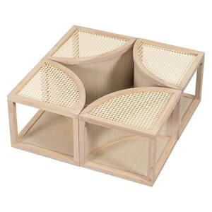 4-Piece Round to Square Wood and Wicker Block Modular Coffee Table with Storage, Light Natural