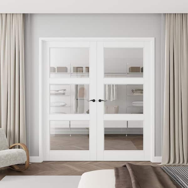 72 in. x 80 in. Universal 3-Lite Clear Glass White Solid Core Glass Assembly Required Double French Door with Jamb