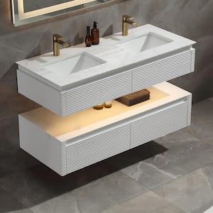 48 in. W X 20.7 in. D X 19.6 in. H Double Floating Sink Solid Wood Bath Vanity in White with White Marble Top and Lights
