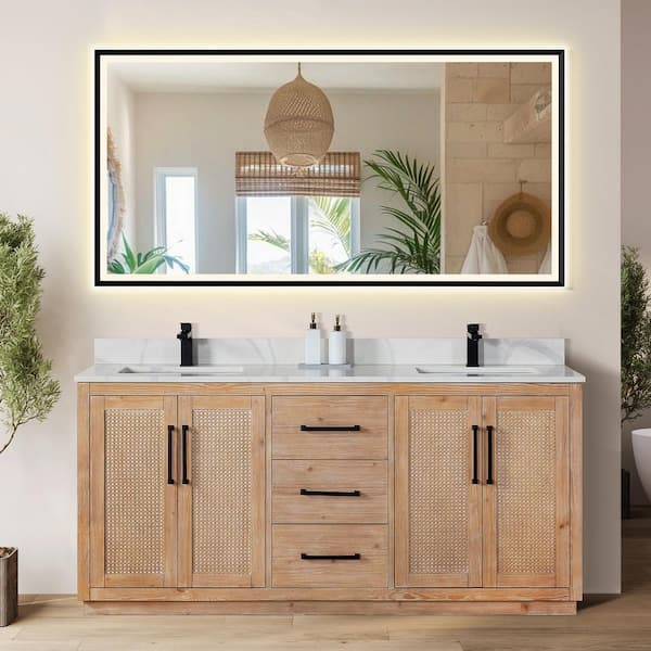 Altair Floral 72 in. W x 22 in. D x 33 in. H Double Sink Bath Vanity in Ligth Brown with White Quartz Countertop and Mirror