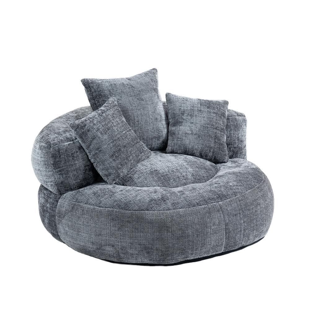 Modern Comfy Dark Grey Chenille Upholstery Bean Bag Round Accent Arm Chair