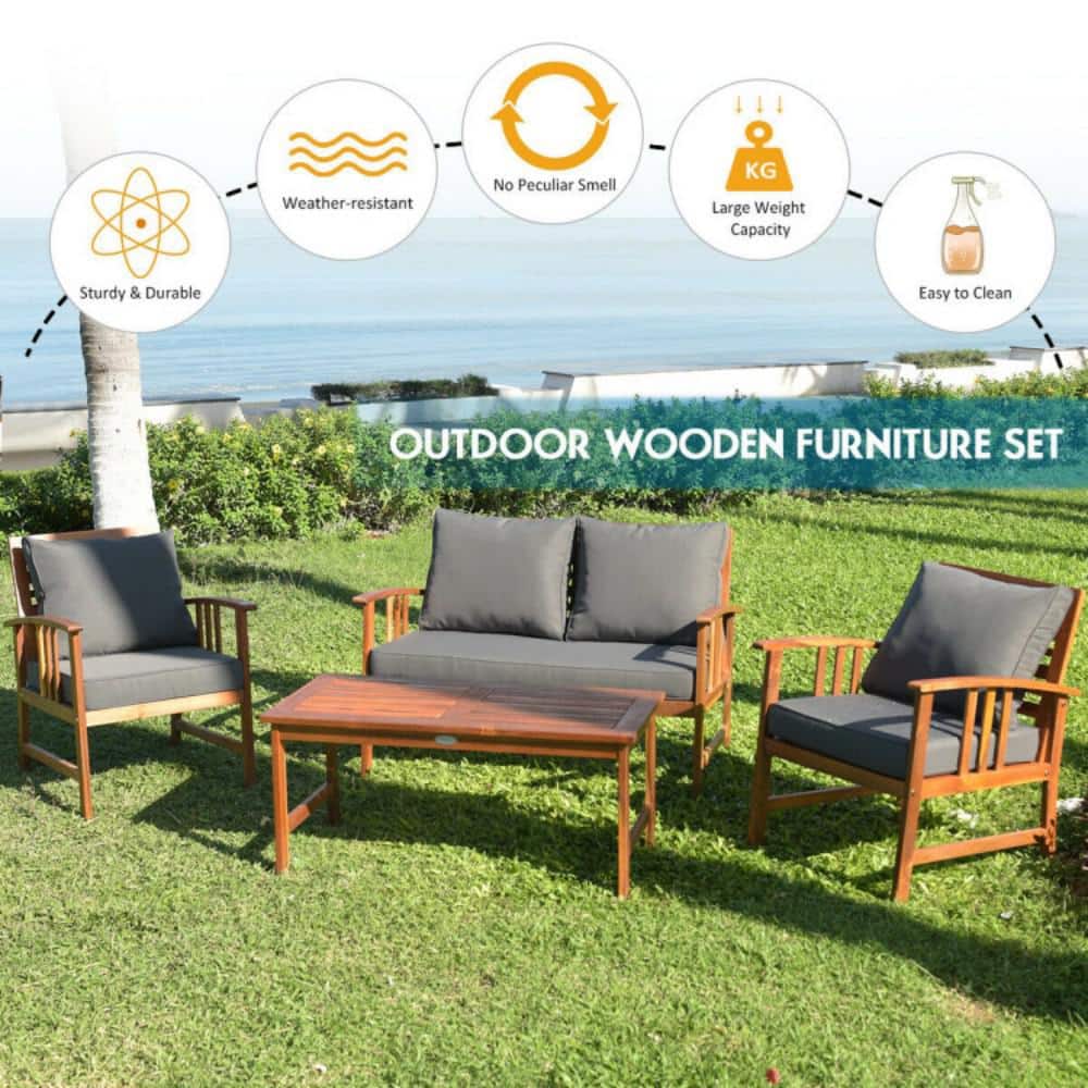 4-Piece Brown Acacia Wood Patio Set with Gray Cushions