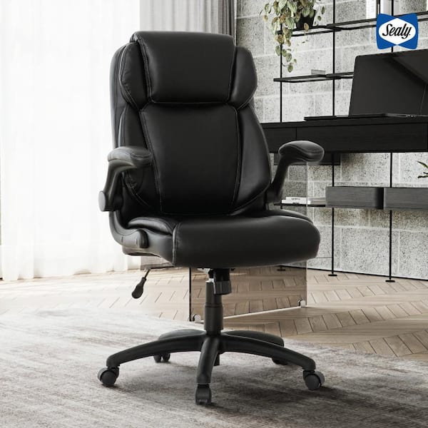 Winthrop Bonded Leather Adjustable Ergonomic Executive Office Swivel Chair 20 in. Black with Padded Flip Arms