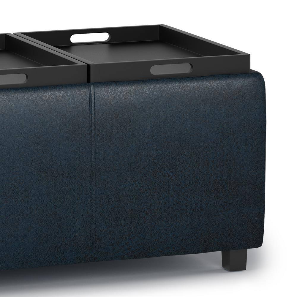 Avalon Distressed Dark Blue Faux Leather Storage Ottoman with Trays