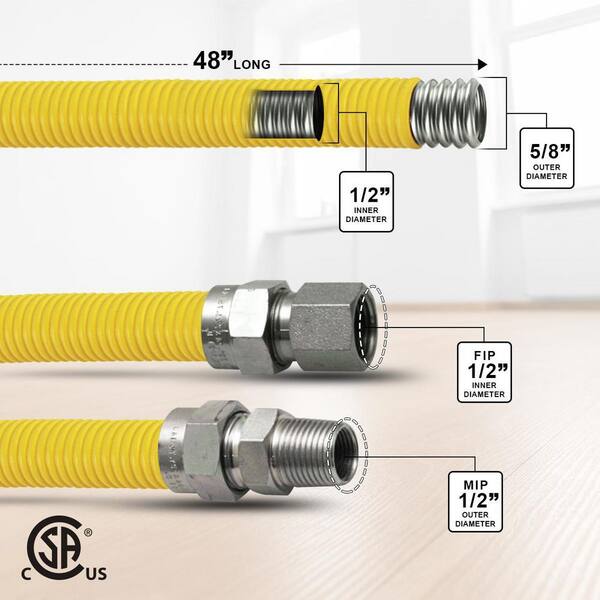 Hosile 48 Flexible Gas Line Kit for Dryer, Stove, Range, Stainless Steel  Gas Dryer Connector Kit, 5/8 in.OD(1/2 in. ID）Dryer Gas Line with Connector