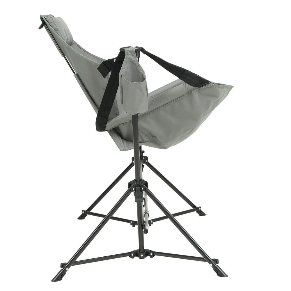 Grey metal folding lawn chair from a three-quarter angle.