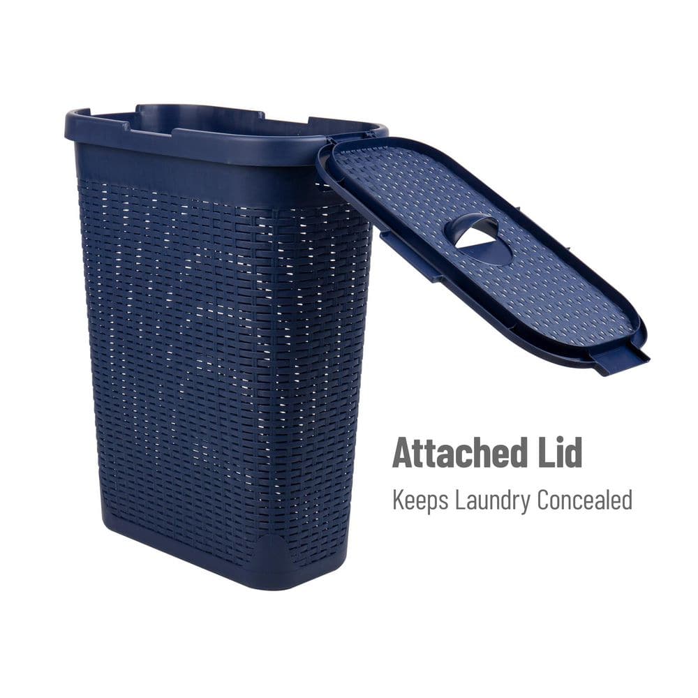 Mind Reader Basket Collection, Slim Laundry Hamper, 40 Liter (15kg/33lbs) Capacity, Attached Hinged Lid, Navy