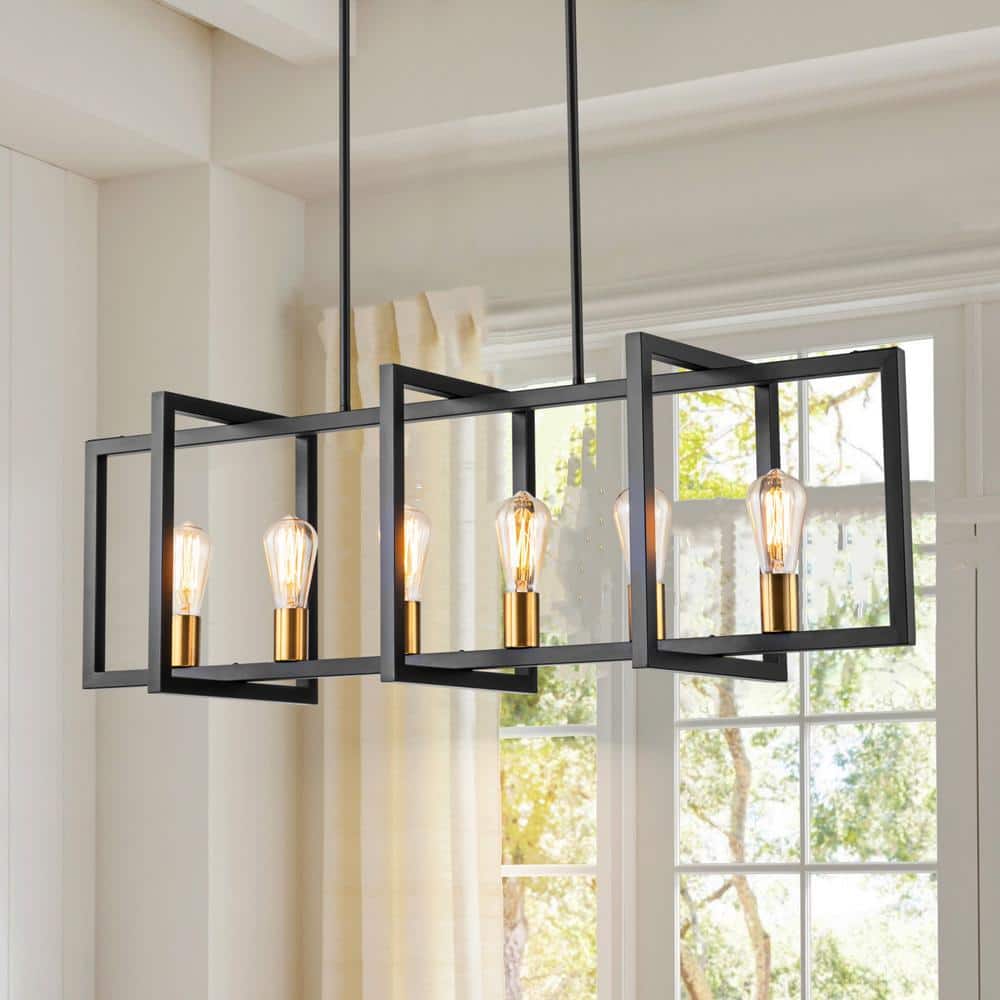 Croyle 6-Light Black Brushed Brass Industrial Linear Geometric Kitchen Island Pendant Lantern Cage Farmhouse Chandelier price history on PriceWatchPro