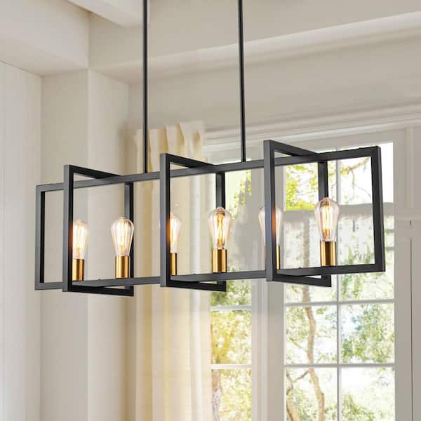 RRTYO Croyle 6-Light Black Brushed Brass Industrial Linear Geometric Kitchen Island Pendant Lantern Cage Farmhouse Chandelier