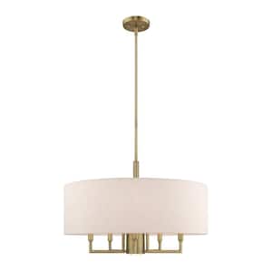 Somerhill 6-Light Antique Brass Pendant Chandelier with Oatmeal Fabric Shade