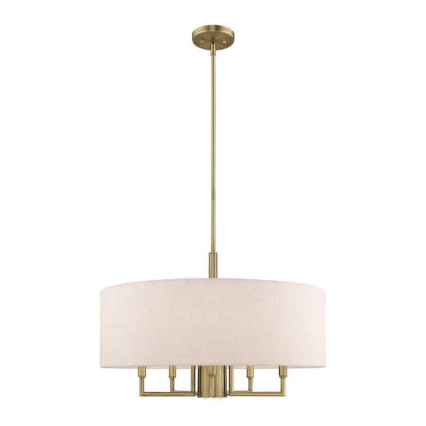 Somerhill 6-Light Antique Brass Pendant Chandelier with Oatmeal Fabric Shade