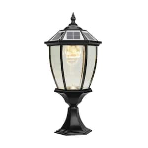 1-Black Metal and Glass Solar Outdoor Weather Resistant Pillar Post Light with Integrated LED Bulb and Wireless Remote