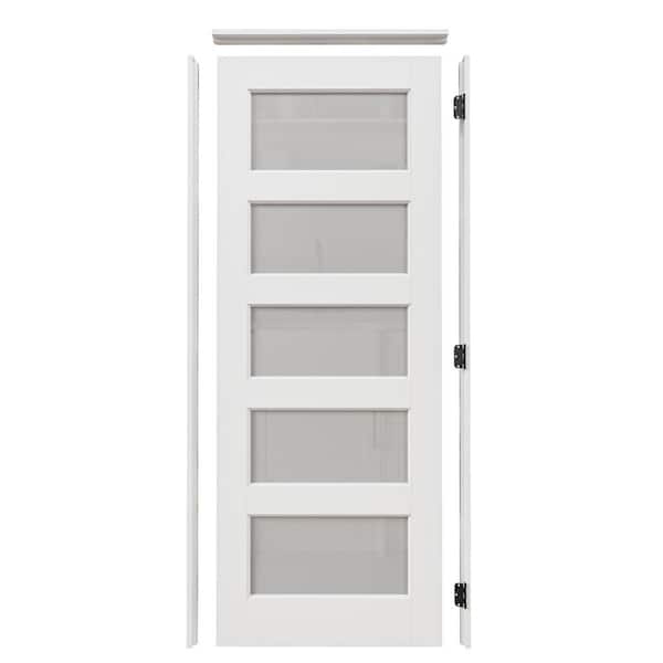 28 in. x 80 in. 5-Lite Frosted Glass Right White Solid Core Wood Single Interior Door with Quick Assemble Jamb