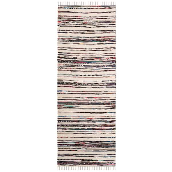 SAFAVIEH Rag Rug Ivory/Charcoal 2 ft. x 7 ft. Striped Runner Rug