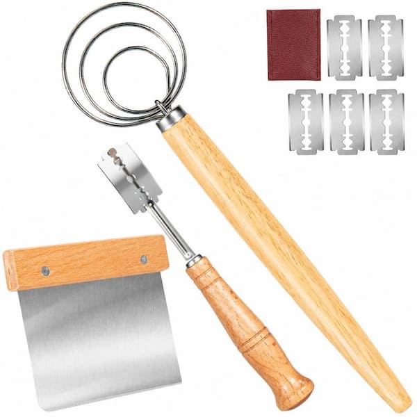 3-Piece Danish Dough Whisk and Bread Making Tool Set with Scoring Lame, 5 Blades and Bench Scraper