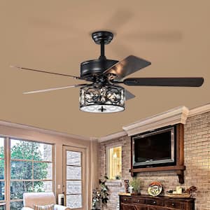 Modern 52 in. Indoor Black Ceiling Fan with Crystal Caged Lampshade, 2-Color-Option Blades and Remote Included