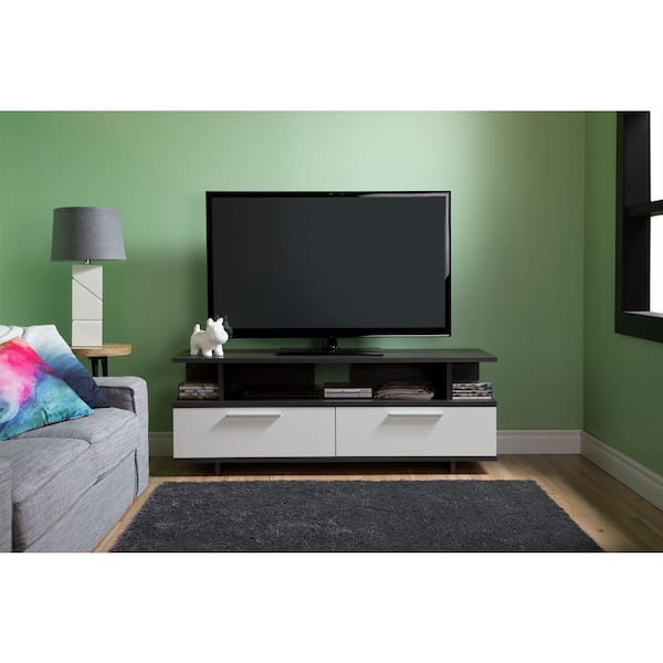 South Shore Reflekt 59 in. Gray Oak and Pure White Particle Board TV Stand Fits TVs Up to 70 in.