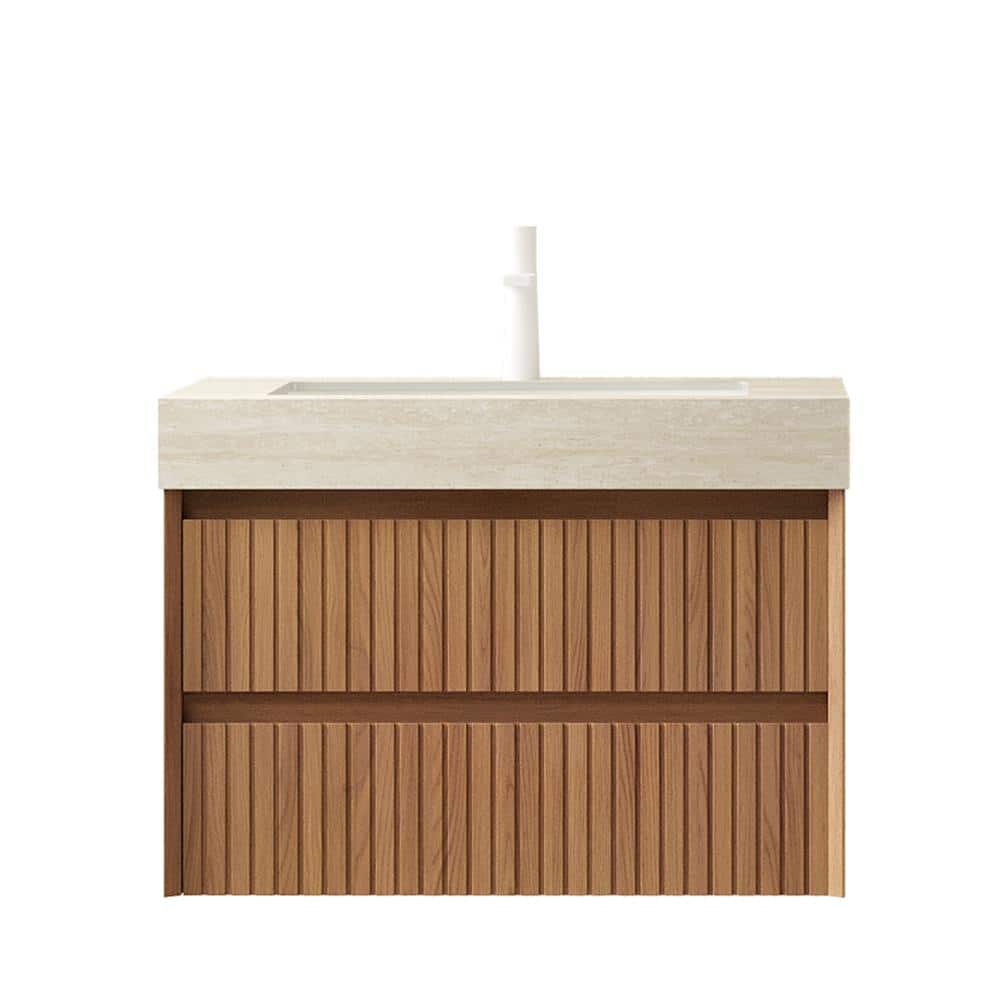 "30"" Floating Striped Vanity with 2 Drawers, Travertine Sintered Stone Top & Undermount Basin, Brown Oak, Pre-assembled" price history on PriceWatchPro
