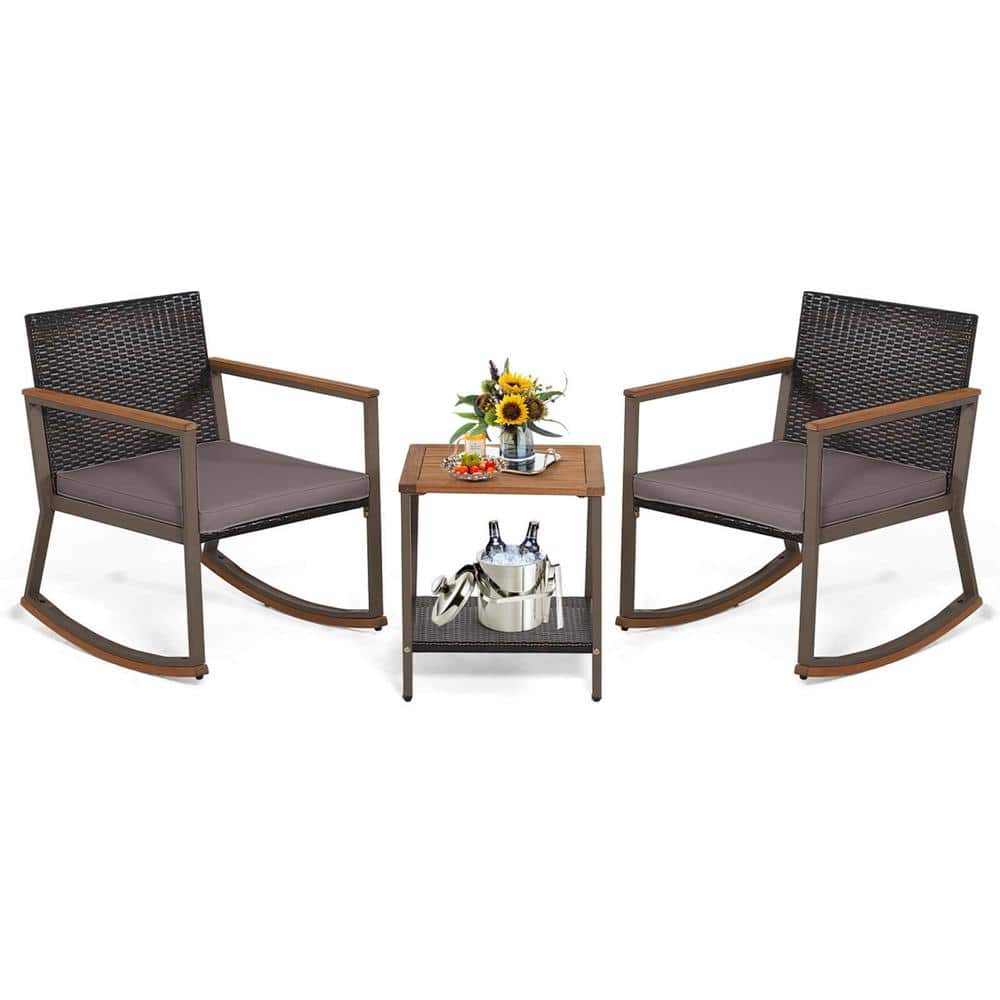Costway 3-Piece Wicker Outdoor Bistro Set Rattan Rocking Chair with Storage Shelf and Gray Cushions