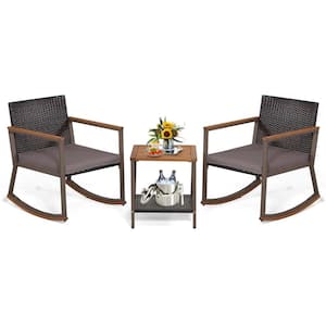 3-Piece Wicker Outdoor Bistro Set Rattan Rocking Chair with Storage Shelf and Gray Cushions
