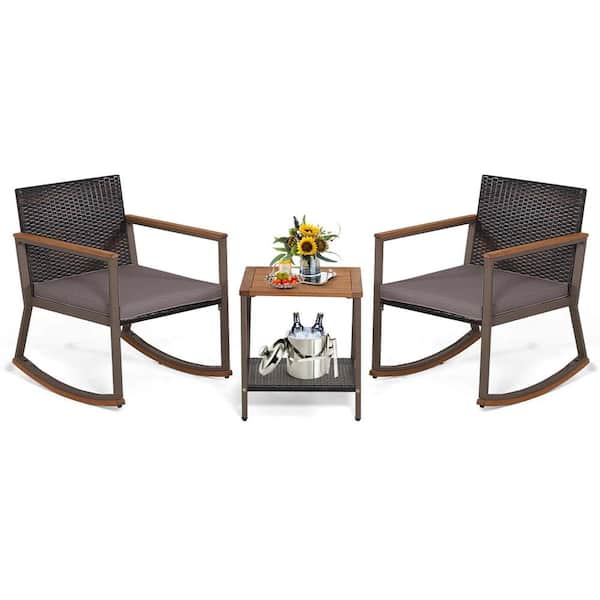Costway 3-Piece Wicker Outdoor Bistro Set Rattan Rocking Chair with Storage Shelf and Gray Cushions