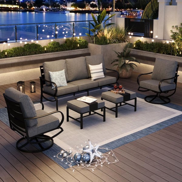 PHI VILLA Black 5-Piece Metal Slatted 7-Seat Outdoor Patio Conversation Set with Gray Cushions, 2 Swivel Chairs, 2 Ottomans