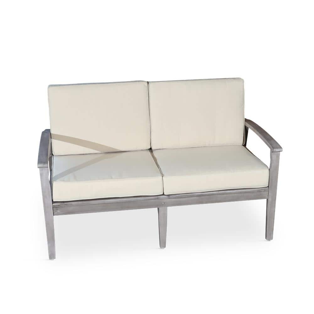 53 in. W Driftwood Gray Wood Outdoor Dining Bench, Patio Loveseat with White Cushions, Arms price history on PriceWatchPro