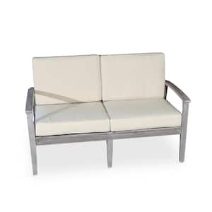 Outdoor Driftwood Gray Wood Dining Bench 53 in. W Patio Loveseat with White Cushions Arms