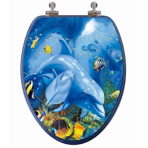 3D Ocean Series Elongated Closed Front Toilet Seat in Blue