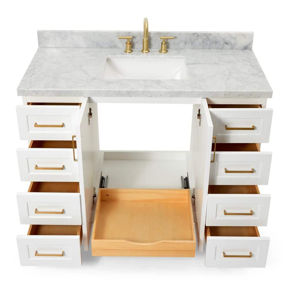 White Marble Top Freestanding Single Sink Vanity with Gold Hardware