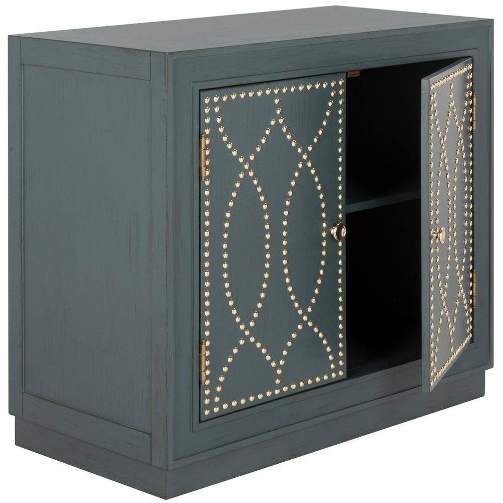 Steel Teal and Gold 2-Door Accent Cabinet with Mirror Panels