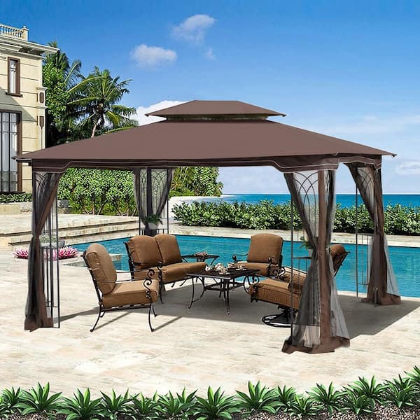 13 ft. x 10 ft. Outdoor Patio Canopy Tent Gazebo with Ventilated Double Roof and Mosquito Net, Brown