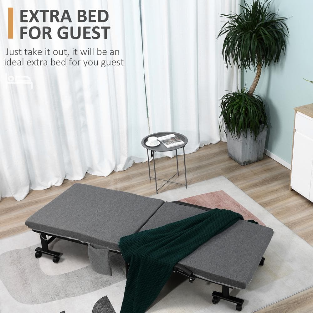 Dark Grey Metal Frame Rollaway Guest Bed with Upholstered Headboard