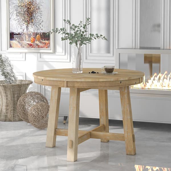 Natural Wood Wash Farmhouse Round Extendable Wood Dining Table with 16 in. Leaf
