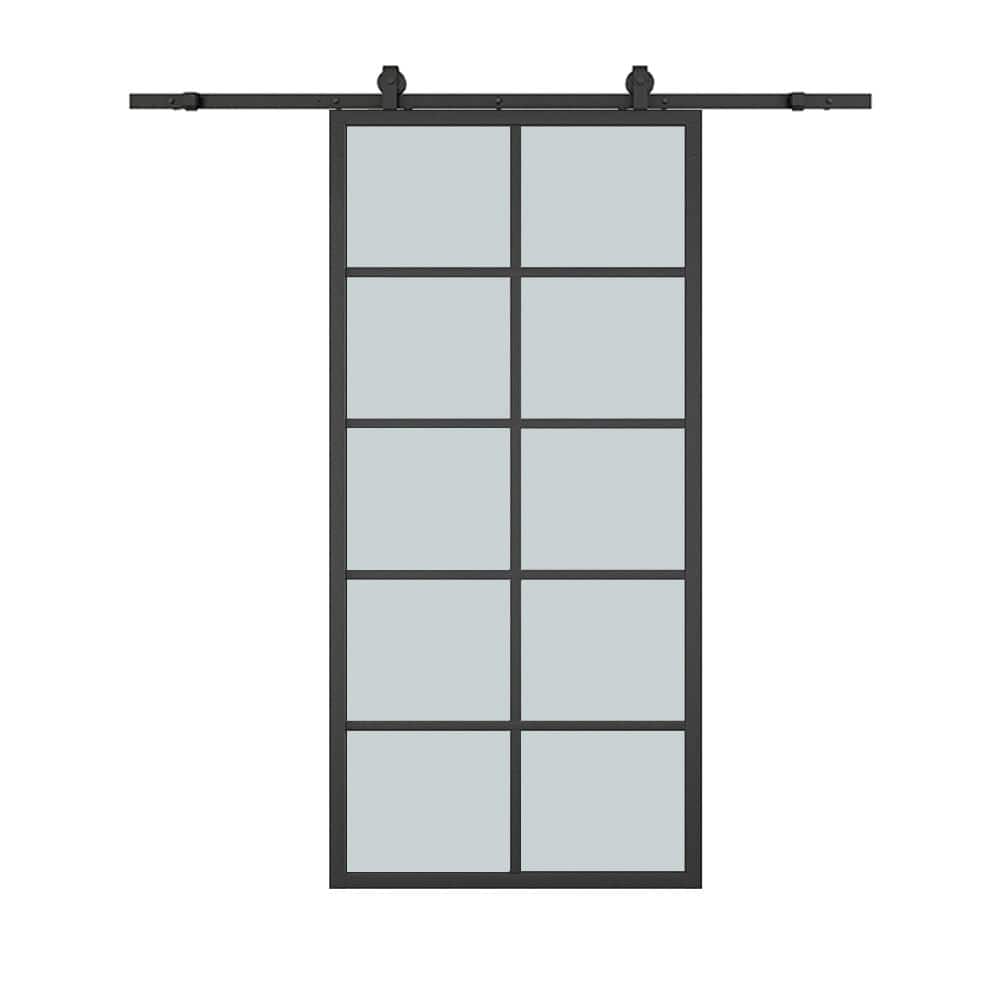 84'' Frosted Glass Black Aluminum Frame Sliding Barn Door