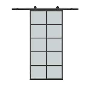 24 in. x 84 in. 10-Lite Frosted Glass Black Aluminum Frame Interior Sliding Barn Door with Hardware Kit