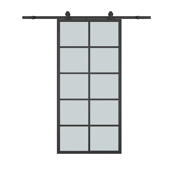CALHOME 42 in. x 84 in. 10-Lite Frosted Glass Black Aluminum Frame Interior Sliding Barn Door with Hardware Kit