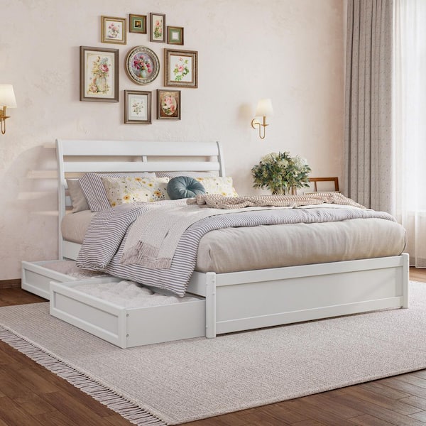 AFI Emelie White Solid Wood Frame Full Platform Bed with Panel Footboard and Storage Drawers