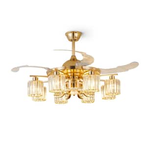42 in. 8-Light Gold Indoor Ceiling Fan with Remote, Modern Crystal Retractable Fandelier for Bedroom, Bulbs Not Included