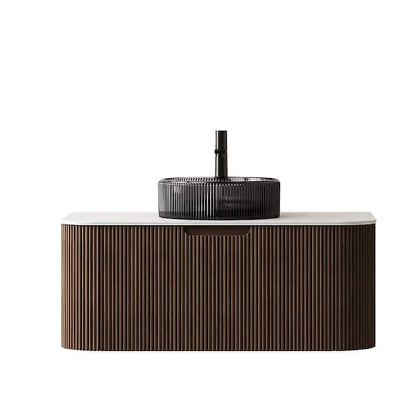 36 in. Wall-Mounted Walnut Bath Vanity with Carrara White Solid Surface Top Pre-Assembled