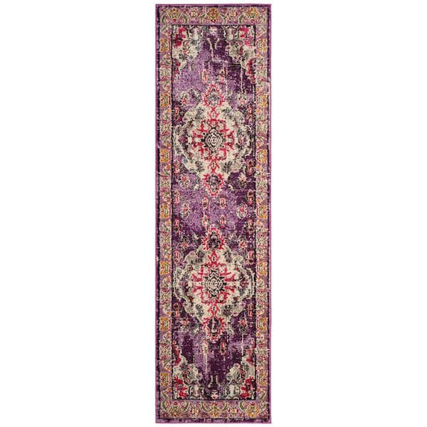 Monaco Violet/Fuchsia 2 ft. x 10 ft. Distressed Border Medallion Runner Rug
